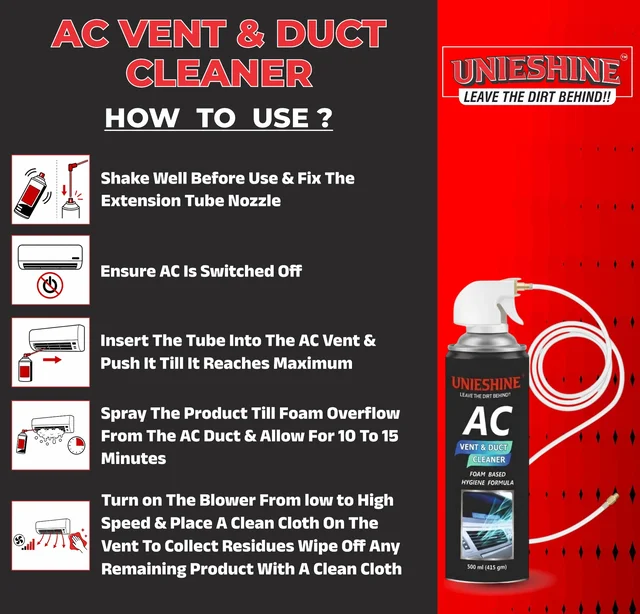 UNIESHINE AC Vent & Duct Cleaner 500ML | Car & Home Air Conditioner Cleaning Foam Spray | Antibacterial Odor Neutralizer | Removes Dust, Bacteria & Musty Smell