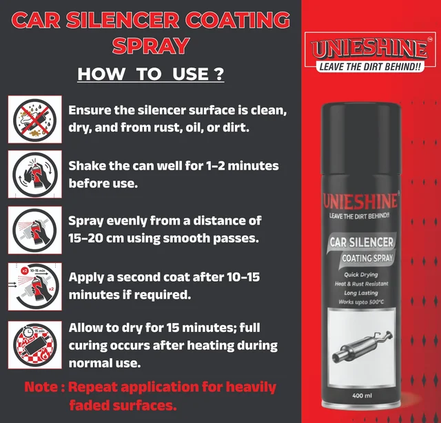 UNIESHINE Car Silencer Coating Spray 400ML – Exhaust & Underbody Anti-Rust Coating for 4 Wheelers | Silver Heat-Resistant Corrosion Protection, Diesel Wash Resistant (Pack of 12)