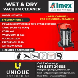 AIMEX DT-6070 Wet & Dry Industrial Vacuum Cleaner 60L | Dual 1500W Double Motor | 25kPa High Suction SS Tank Vacuum Cleaner