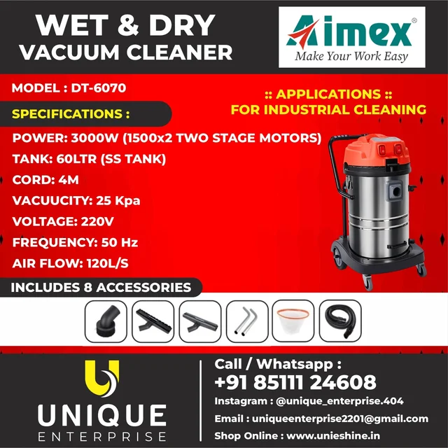 AIMEX DT-6070 Wet & Dry Industrial Vacuum Cleaner 60L | Dual 1500W Double Motor | 25kPa High Suction SS Tank Vacuum Cleaner