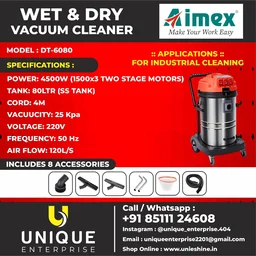 AIMEX DT-6080 Wet & Dry Industrial Vacuum Cleaner 80L | Triple 1500W Motor | 25kPa High Suction SS Tank Vacuum Cleaner