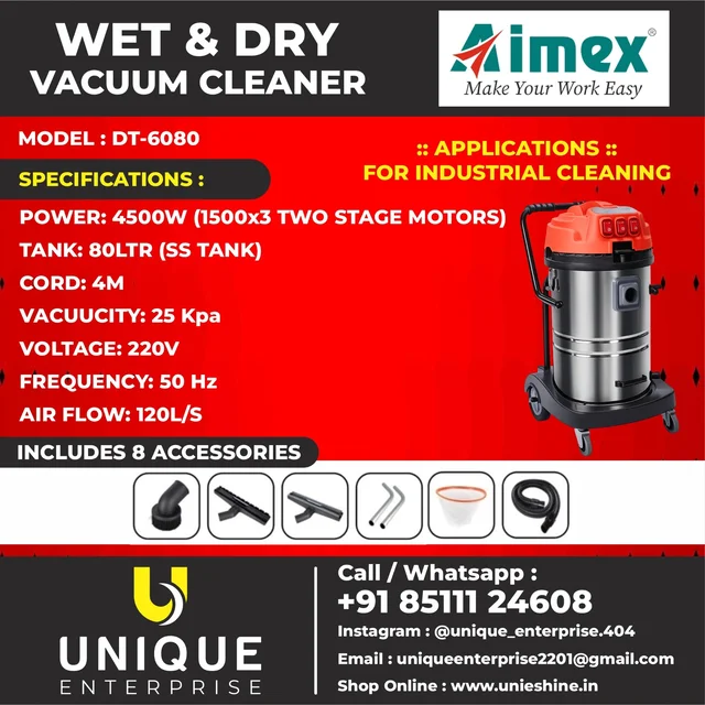 AIMEX DT-6080 Wet & Dry Industrial Vacuum Cleaner 80L | Triple 1500W Motor | 25kPa High Suction SS Tank Vacuum Cleaner