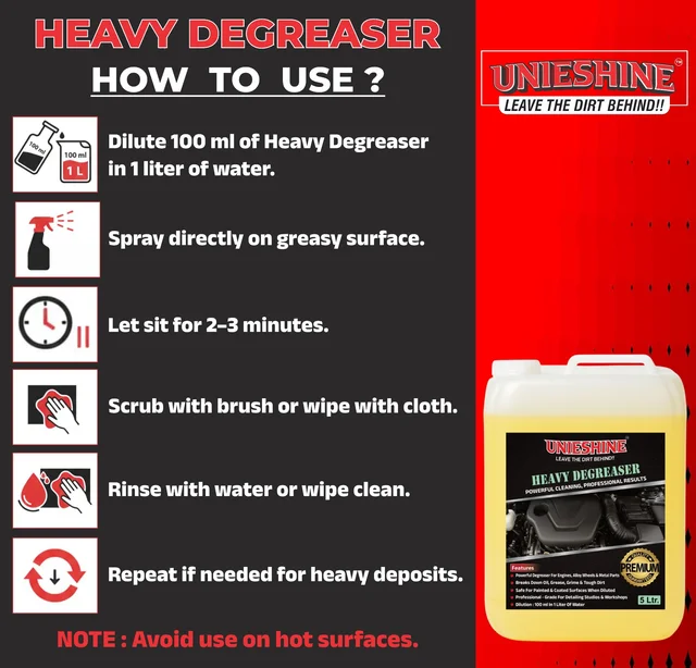 UNIESHINE Heavy Duty Perfect Degreaser 5L | 1:9 Dilution Multi-Purpose Engine & Wheel Cleaner | Professional Grease & Dirt Remover for Cars, Bikes & Commercial Vehicles | Wheel Rim & Iron Cleaner
