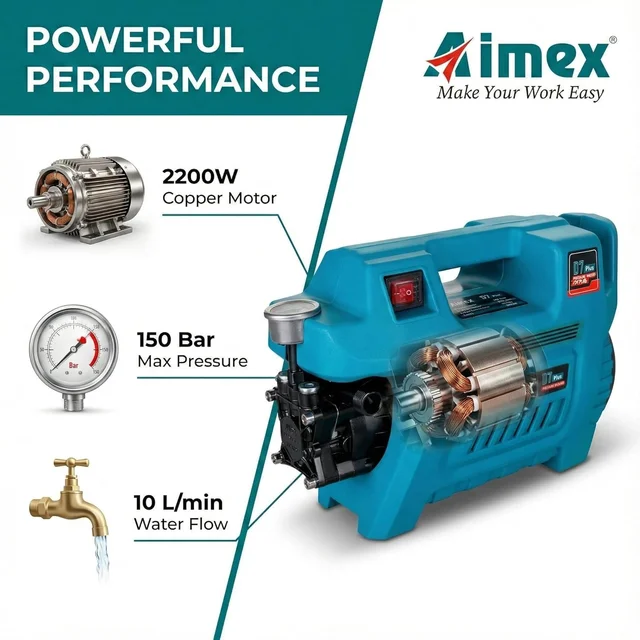 AIMEX Aimex D7 Plus Electric High Pressure Car Washer 2200W | 150 Bar Pressure Washer with Copper Winding | Portable Car & Home Cleaning Machine with 10M Hose