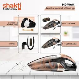 SHAKTI TECHNOLOGY Shakti Technology Sweep High Power Auto Car Vacuum Cleaner for Deep Cleaning, Hand Held Portable Cars Vacuum for Car Cleaning with DC 12V, 140W Vacuum Motor & 5000 PA Powerful Suction
