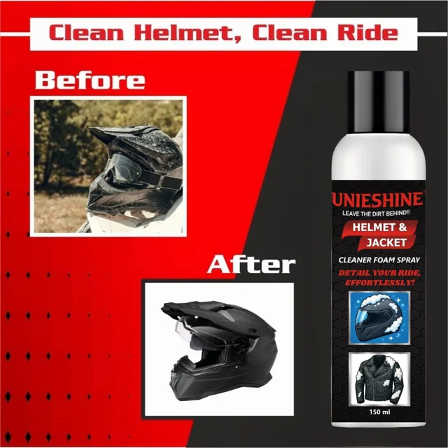 UNIESHINE Helmet & Jacket Cleaner Foam Spray 150ML | Quick-Dry No-Rinse Riding Gear Cleaner | Removes Dirt, Sweat & Odor | Safe for Leather, Fabric & Plastic