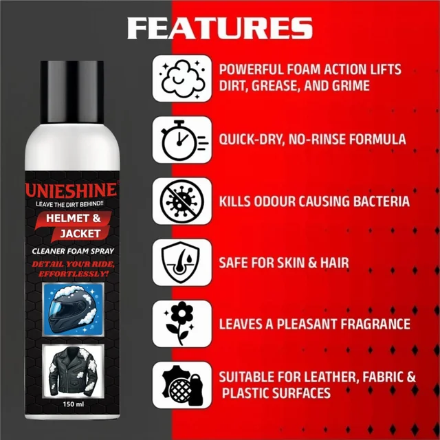 UNIESHINE Helmet & Jacket Cleaner Foam Spray 150ML with Microfiber Cloth | Quick-Dry No-Rinse Riding Gear Cleaner | Removes Dirt, Sweat & Odor | Safe for All Helmet & Jacket Materials