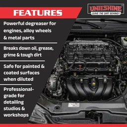 UNIESHINE Heavy Duty Degreaser 500ml Powerful Multi Surface Cleaner for Engine Bike Car Parts Removes Oil Grease Grime Fast Acting Residue Free Formula Safe on Metal Painted Surfaces
