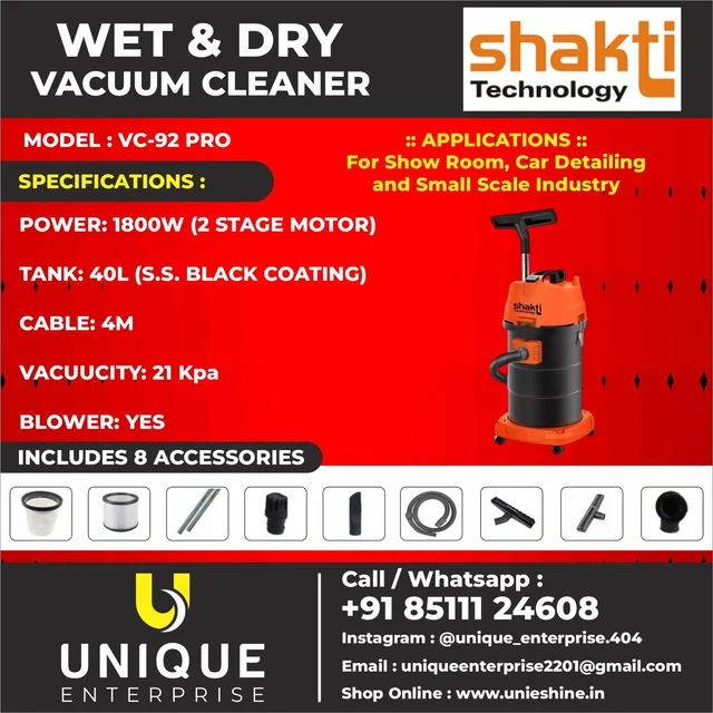 SHAKTI TECHNOLOGY Shakti Technology VC-92 Pro 40L Wet & Dry Vacuum Cleaner | 1800W Dual Motor, 100% Copper Motor, 21 kPa Powerful Suction & Blower | Commercial & Industrial