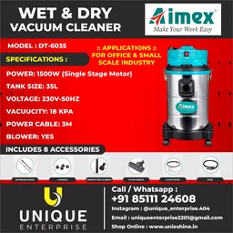 AIMEX Aimex DT-6035 Prime Series Wet & Dry Vacuum Cleaner 35L | 1500W Heavy Duty Industrial Vacuum | 18 KPA Suction | 230V | Dust & Water Vacuum Cleaner for Garage, Workshop & Commercial Use