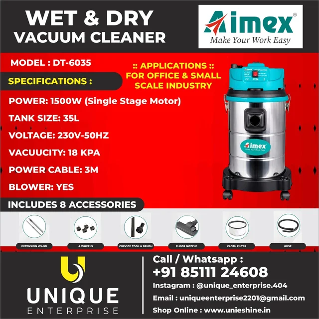 AIMEX Aimex DT-6035 Prime Series Wet & Dry Vacuum Cleaner 35L | 1500W Heavy Duty Industrial Vacuum | 18 KPA Suction | 230V | Dust & Water Vacuum Cleaner for Garage, Workshop & Commercial Use