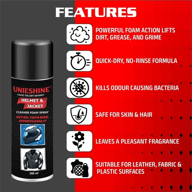 UNIESHINE Helmet & Jacket Cleaner Foam Spray 500ML – Riding Gear Cleaner for Helmets, Jackets, Gloves & Boots | Quick-Dry No-Rinse Dirt, Sweat & Odor Remover