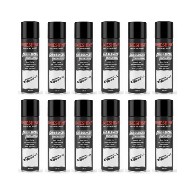 UNIESHINE Car Silencer Coating Spray 400ML – Exhaust & Underbody Anti-Rust Coating for 4 Wheelers | Silver Heat-Resistant Corrosion Protection, Diesel Wash Resistant (Pack of 12)