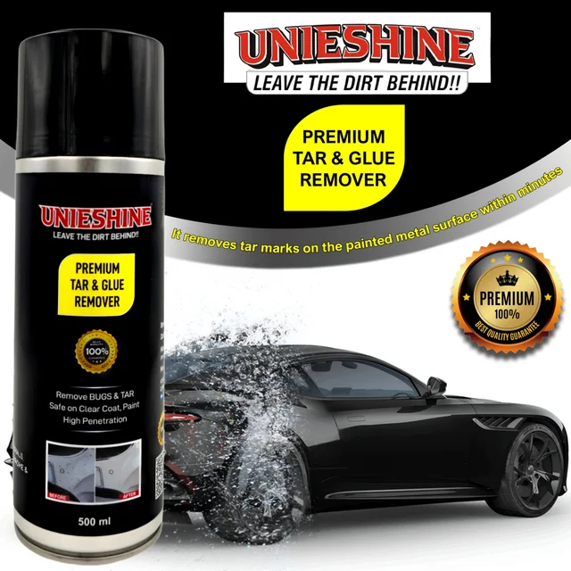 UNIESHINE Tar, Glue & Bug Remover Spray 500ML – Adhesive Remover for Cars, Glass & Painted Surfaces | Fast-Acting Tar, Sticker Residue, Bug Splatter & Grime Cleaner