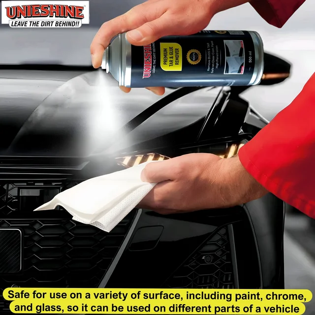 UNIESHINE Tar, Glue & Bug Remover Spray 500ML – Adhesive Remover for Cars, Glass & Painted Surfaces | Fast-Acting Tar, Sticker Residue, Bug Splatter & Grime Cleaner