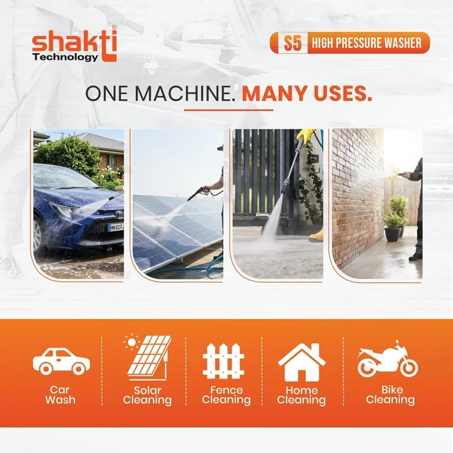 SHAKTI TECHNOLOGY Shakti Technology S5 High Pressure Car Washer Machine 1900 Watts, Pressure 125 Bar, 8L/Min Flow Rate and 10 Meter Hose Pipe with Professional 1L Foam Cannon Snow Lance