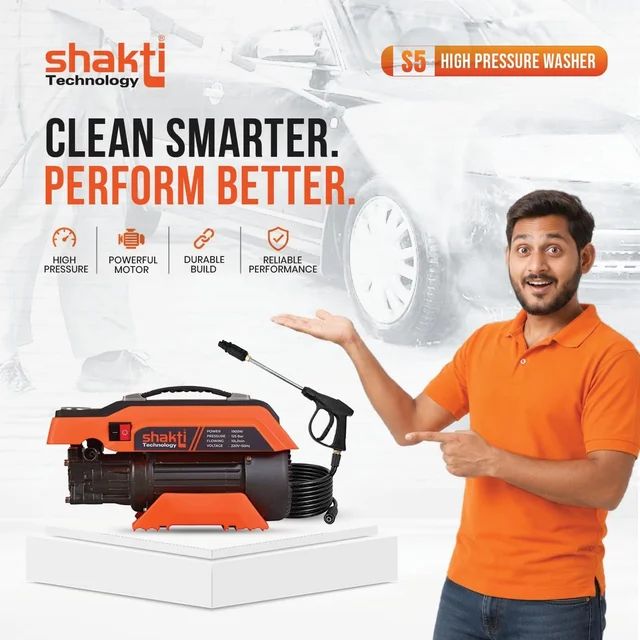 SHAKTI TECHNOLOGY Shakti Technology S5 High Pressure Car Washer Machine 1900 Watts, Pressure 125 Bar, 8L/Min Flow Rate and 10 Meter Hose Pipe with Professional 1L Foam Cannon Snow Lance