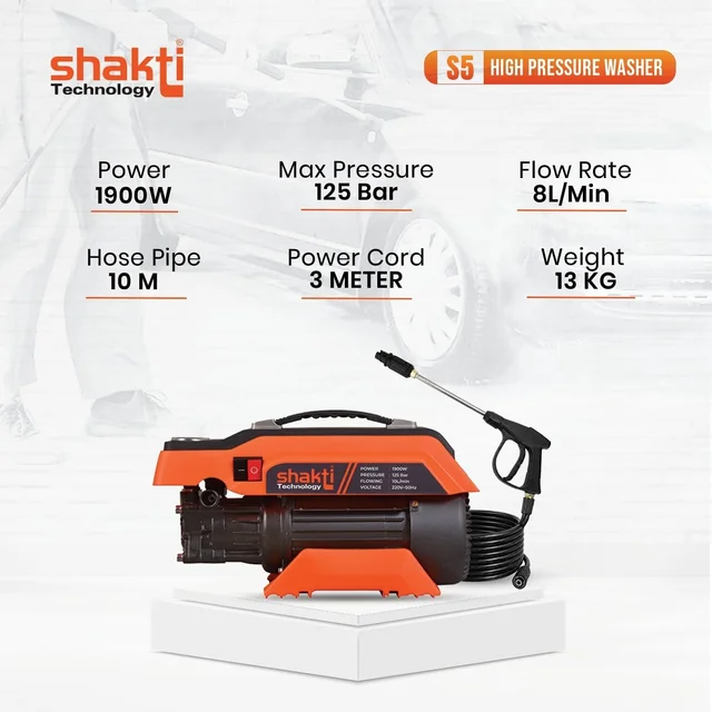 SHAKTI TECHNOLOGY Shakti Technology S5 High Pressure Car Washer Machine 1900 Watts, Pressure 125 Bar, 8L/Min Flow Rate and 10 Meter Hose Pipe with Professional 1L Foam Cannon Snow Lance