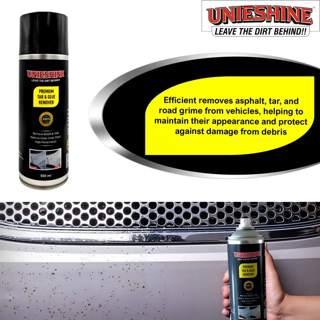 UNIESHINE Tar, Glue & Bug Remover Spray 500ML – Adhesive Remover for Cars, Glass & Painted Surfaces | Fast-Acting Tar, Sticker Residue, Bug Splatter & Grime Cleaner