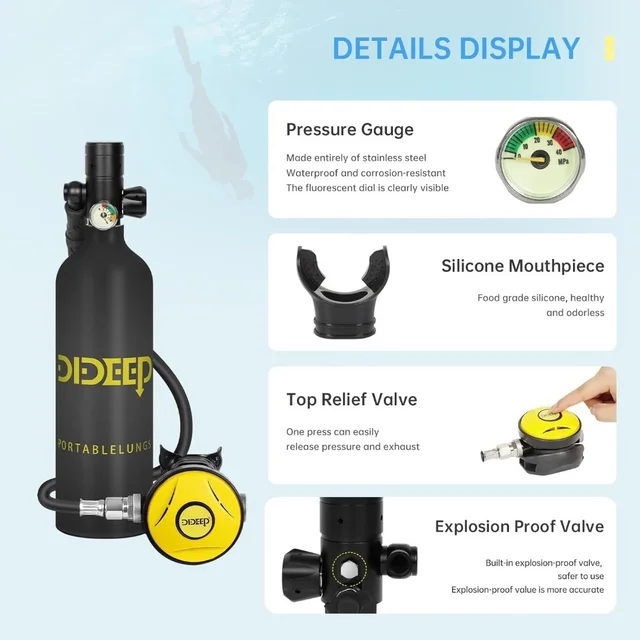 dideep 1L Diving Ventilators Aluminium Mini Diving Air Tank Diving air tank Equipment for Surfing Diving High Oxygen Compression