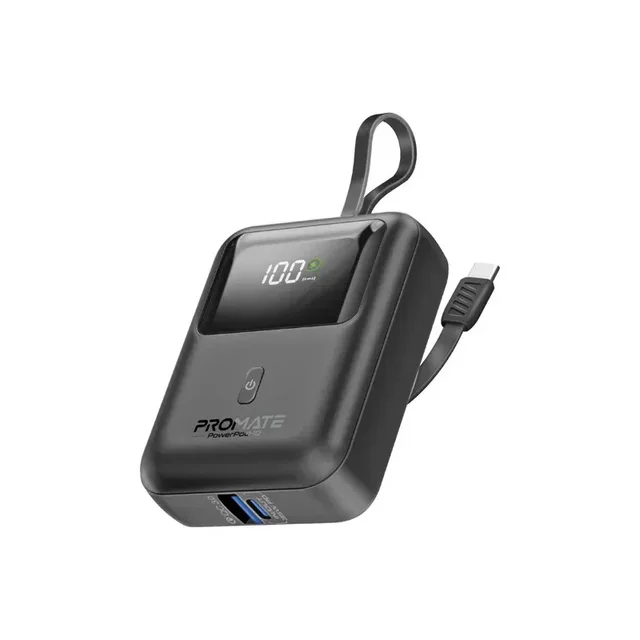 PROMATE 10000 MAH ULTRA COMPACT 35W super speed power bank with Built - In USB-C Cable - POWERPOD- 10.BLACK