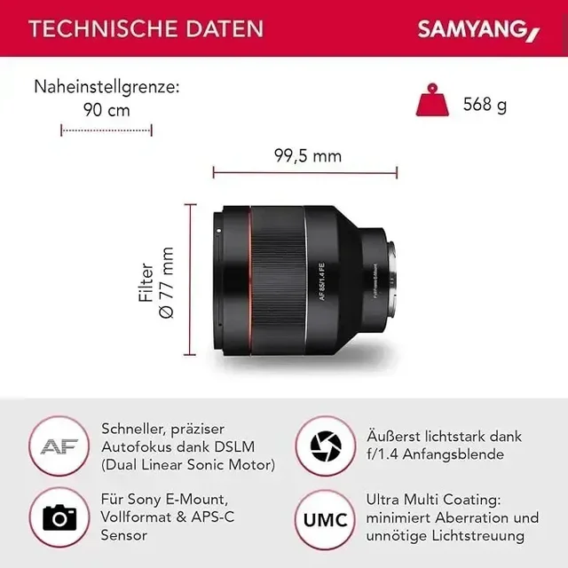 Samyang AF 85mm F1.4 E Auto Focus Lens - Black
