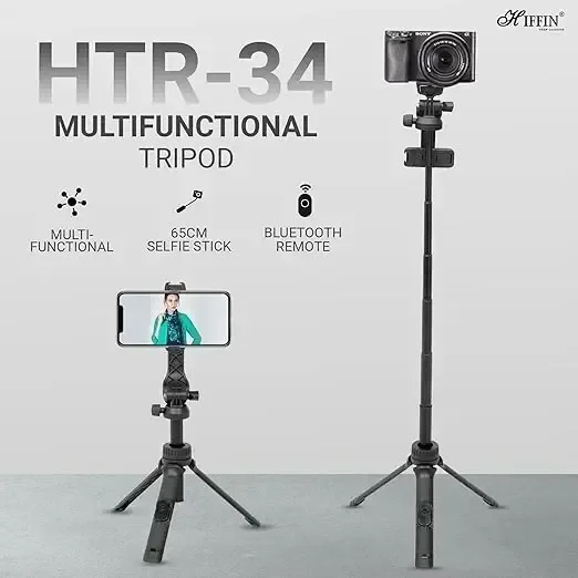 HIFFIN HTR-34 Selfie Stick Tripod, 29” Professional Tripod with Wireless Remote, Portable Travel Tripod Stand Compatible with Smartphones & Cameras for Vlogging/Video Recording/Live Streaming