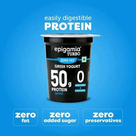epigamia Turbo Zero Fat Greek Yogurt 50 g Protein Natural No Added Sugar