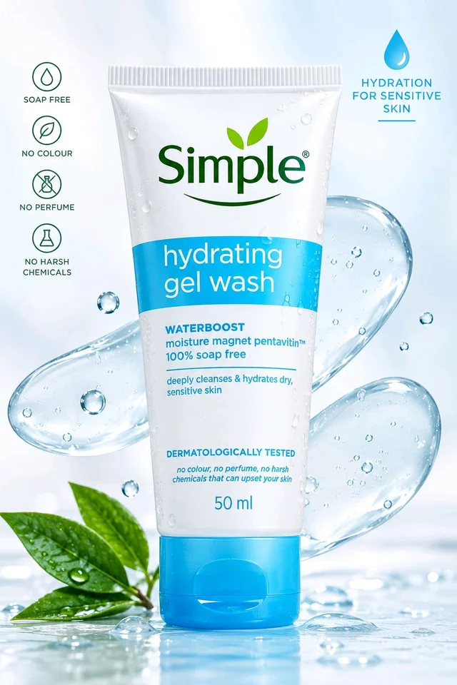 Simple

hydrating gel wash

WATERBOOST

molsture magnet pentavitin 00% soap free

reply cleanses & hydrates dry, itive skin


MATOLOGICALLY TESTED

to colour, no perfume, no harsh micals that can upset your s

50 ml