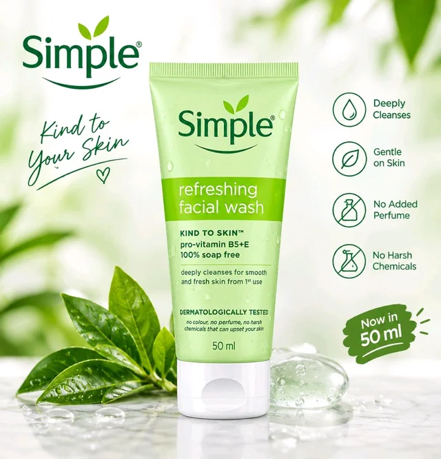 Simple

refreshing facial wash

KIND TO SKIN™™

pro-vitamin B5+E

100% soap free

deeply cleanses for smooth and fresh skin from 1st use

DERMATOLOGICALLY TESTED

no colour, no perfume, no harsh chemicals that can upset your skin

50 ml