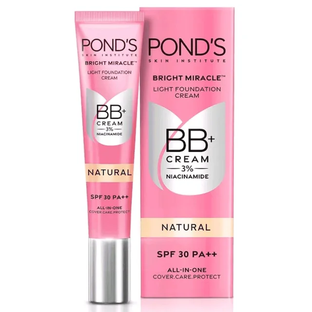 POND'S

SKIN INSTITUTE

BRIGHT MIRACLE™

LIGHT FOUNDATION CREAM

BB+

CREAM

3% NIACINAMIDE

NATURAL

SPF 30 PA++

ALL-IN-ONE

COVER.CARE.PROTECT