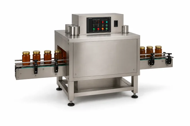 Shahadwale Continuous Heat Tunnel Jar Sealing Machine | Induction Seal Shrink Tunnel for Honey Jars