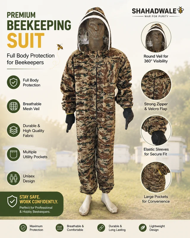 SHAHADWALE Premium Beekeeping Suit with Round Veil | Full Body Bee Protection Suit - Army Regular