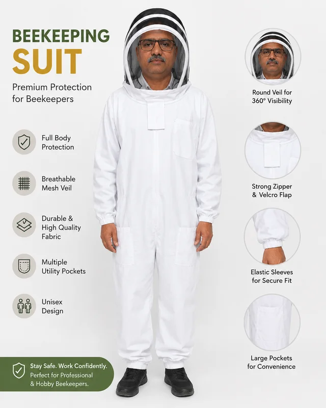 SHAHADWALE Premium Beekeeping Suit with Round Veil | Full Body Bee Protection Suit - White Professional