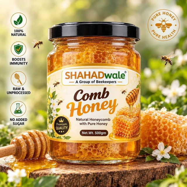 SHAHADWALE Natural Comb Honey – Honeycomb with Honey - 500 gm