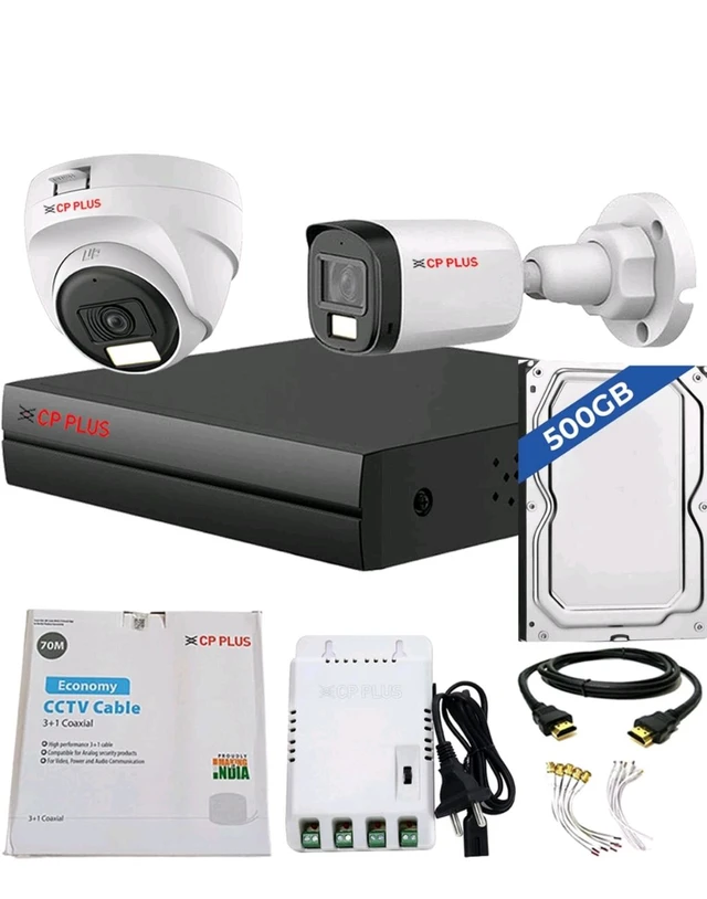 CP PLUS 4 channel DVR with 2MP 1 OUTDOOR & 1 INDOOR, Built-in Audio Mic, Dual Light Color Night Vision wired CCTV Cameras, Motion Detection, 4 Channel SMPS, 70 Meter Cable, 500 GB HDD, Required BNC/DC