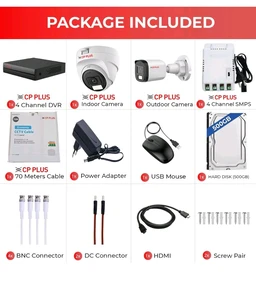 CP PLUS 4 channel DVR with 2MP 1 OUTDOOR & 1 INDOOR, Built-in Audio Mic, Dual Light Color Night Vision wired CCTV Cameras, Motion Detection, 4 Channel SMPS, 70 Meter Cable, 500 GB HDD, Required BNC/DC