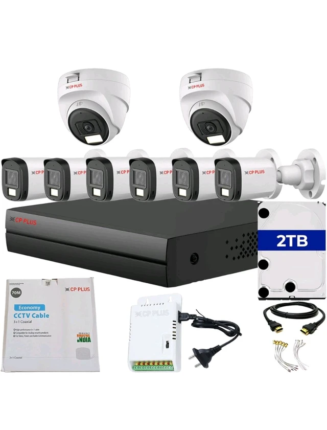 CP PLUS 8 channel DVR with 2MP 6x OUTDOOR & 2x INDOOR, Built-in Audio Mic, Dual Light Color Night Vision wired CCTV Cameras, Motion Detection, 8 Channel SMPS, 70 Meters Cable, 2TB HDD, Required BNC/DC



