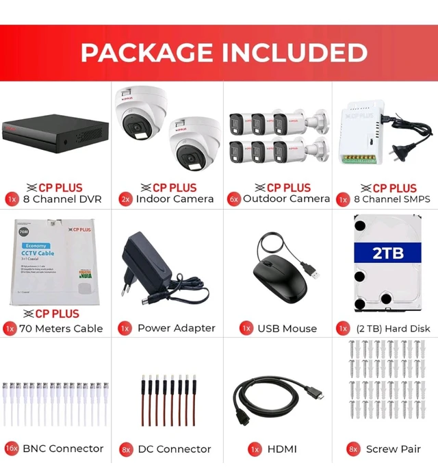 CP PLUS 8 channel DVR with 2MP 6x OUTDOOR & 2x INDOOR, Built-in Audio Mic, Dual Light Color Night Vision wired CCTV Cameras, Motion Detection, 8 Channel SMPS, 70 Meters Cable, 2TB HDD, Required BNC/DC