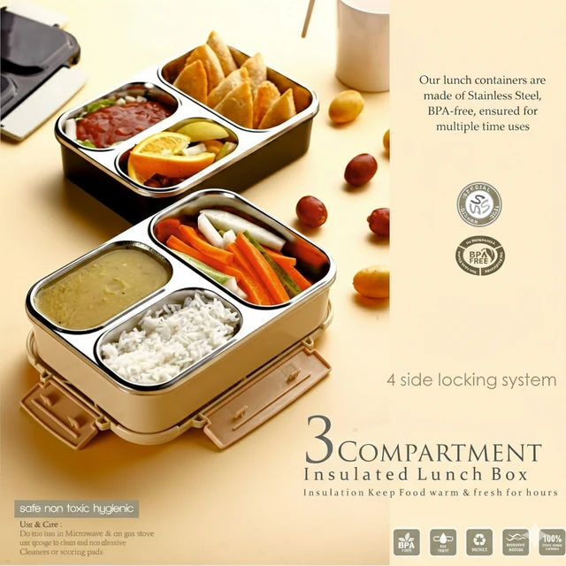 Stainless Steel Lunch Box (3 Compartments) - Beige