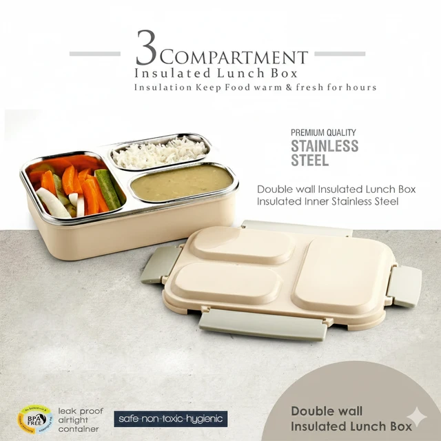 Stainless Steel Lunch Box (3 Compartments) - Beige