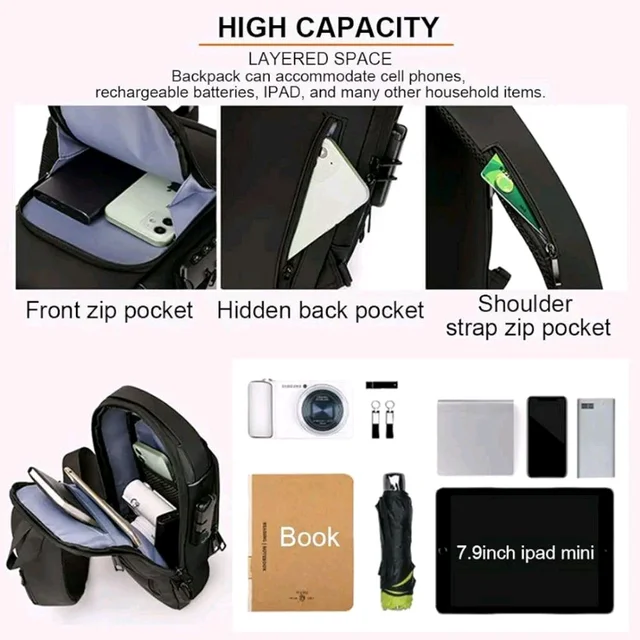 Anti Theft Crossbody Sling Bag ,Waterproof Chest Daypack With USB Charging, Black, One Size, Locomotive Style - Black
