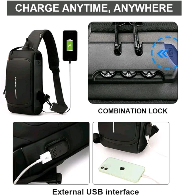 Anti Theft Crossbody Sling Bag ,Waterproof Chest Daypack With USB Charging, Black, One Size, Locomotive Style - Black