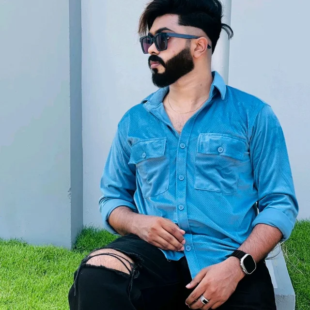 Velvet Double Pocket Premium Quality Shirt blue shirt - XL