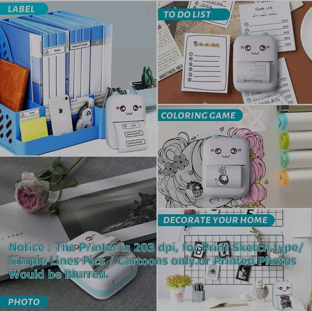 Mini Thermal Printer with 2 Rolls Paper Portable Phone Study Printer for Pictures, Photos Journals DIY Compatible with Phone