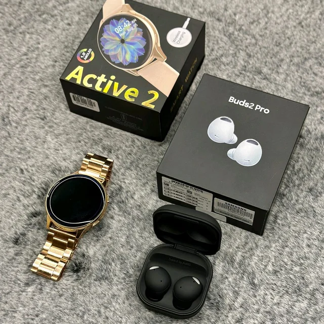 Most Awaited Budget Combo | Active 2 Amoled Display Smartwatch And Buds 2 Pro Best Quality Earphone - Gold/Black