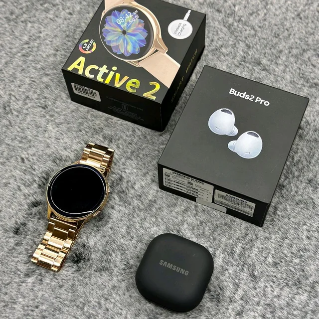 Most Awaited Budget Combo | Active 2 Amoled Display Smartwatch And Buds 2 Pro Best Quality Earphone - Gold/Black
