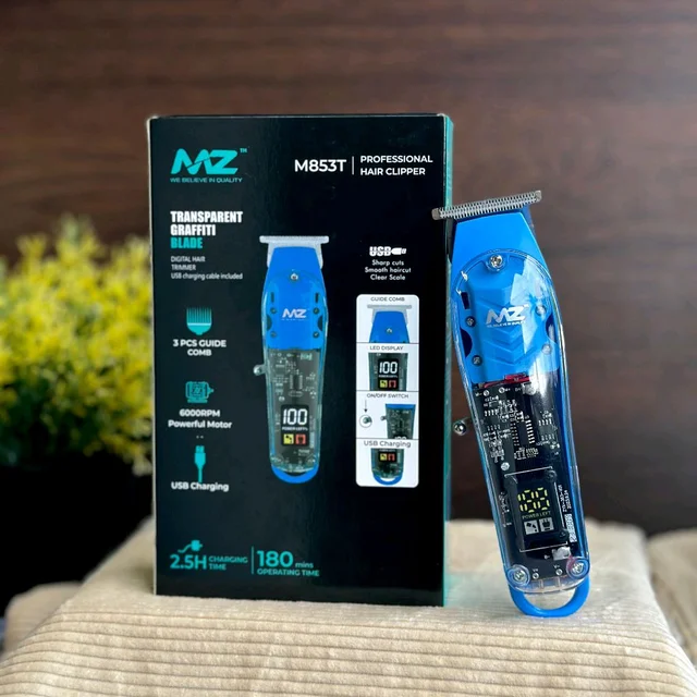 Original MZ M853T (PROFESSIONAL HAIR TRIMMER )Transparent Graffiti Blade With LED Display Trimmer 180 min Runtime 3 Length Settings (Blue)