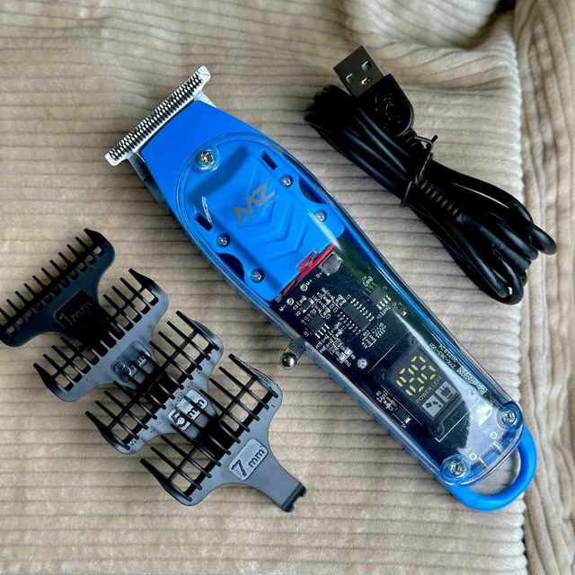 Original MZ M853T (PROFESSIONAL HAIR TRIMMER )Transparent Graffiti Blade With LED Display Trimmer 180 min Runtime 3 Length Settings (Blue)