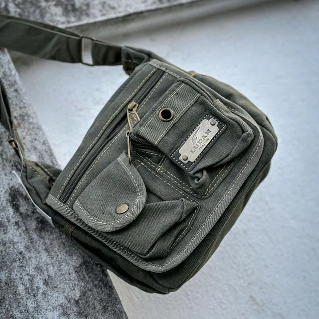 College Bag/Cross Bag, Olive Green Color, Denim Material with Belt | New Men's Leisure Crossbody Bag Multi functional Outdoor Shoulder Bag Waist Bag Fashion Small Body Bag Wearing Belt Hanging Bag